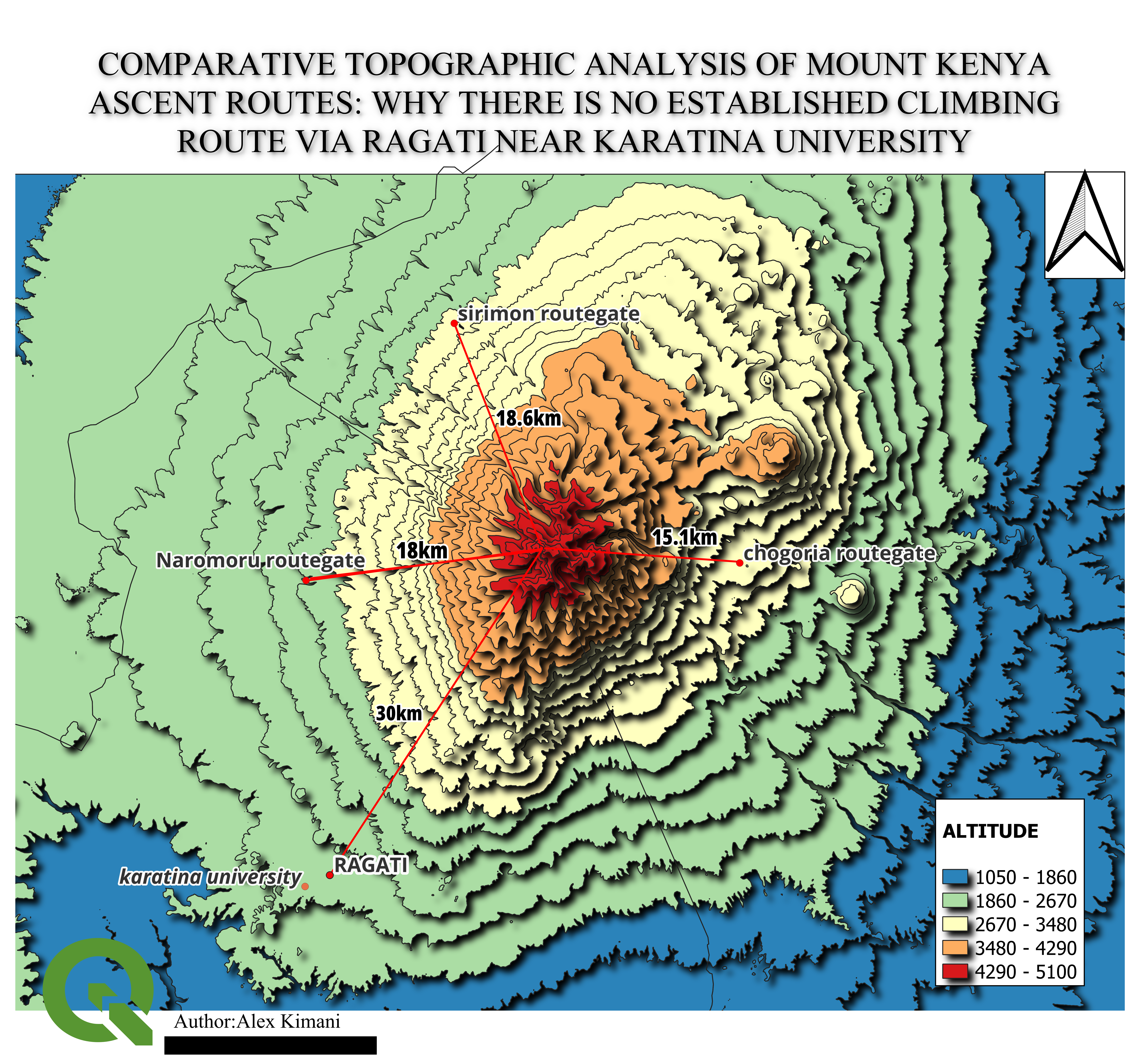 Topographic map comparing Mount Kenya routes